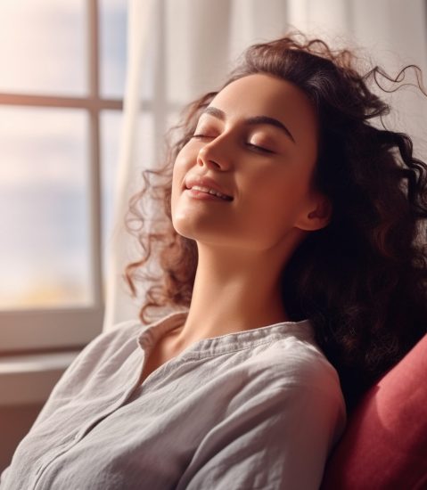 Young relaxed smiling pretty woman relaxing sitting on chair at home. Happy positive beautiful lady feeling joy enjoying wellbeing and lounge chilling near window in modern cozy apartment interior